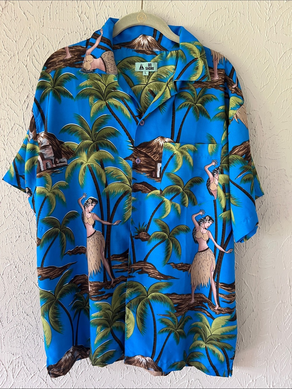 Tropical Blue Hawaiian Camp Shirt with Palm & Hula Print